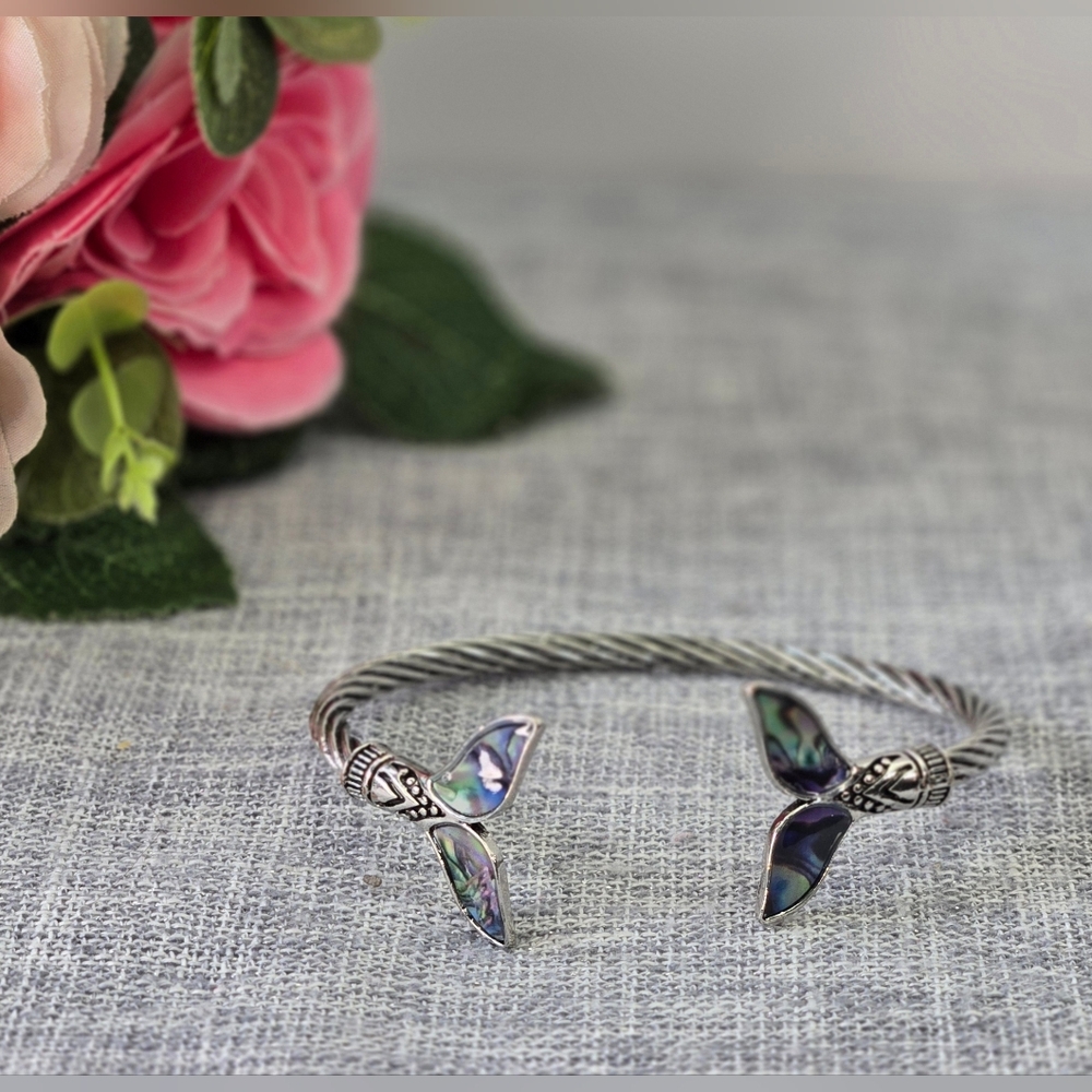 Twisted Cable Abalone Mermaid Tail Open Bangle Bracelet Silver Tone‎